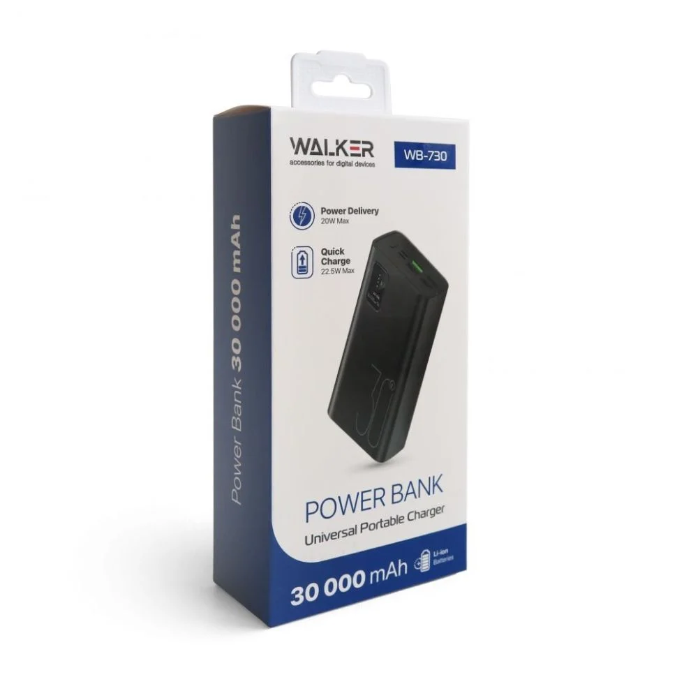 Портативная батарея Walker WB-730, 30000 mAh, 22.5W (QC3.0 + PD) Black