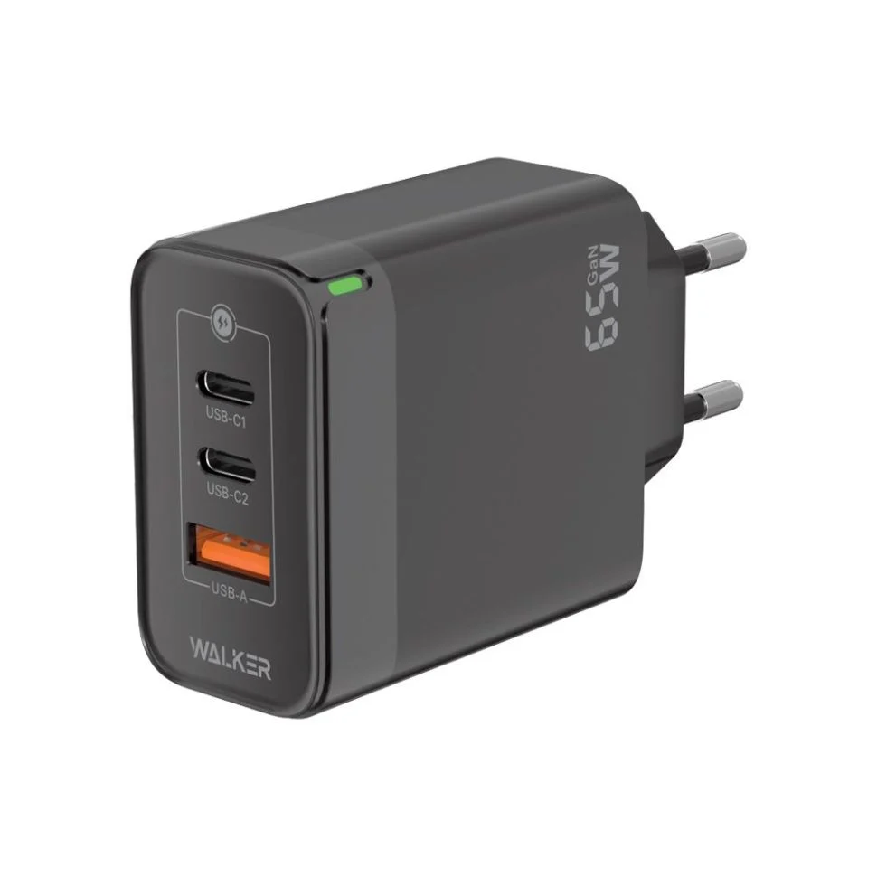 Сетевое зарядное устройство Walker WH-45 65W GAN (PD USB-C 65W, PD USB-C 30W, QC3.0 USB-A 18W) black
