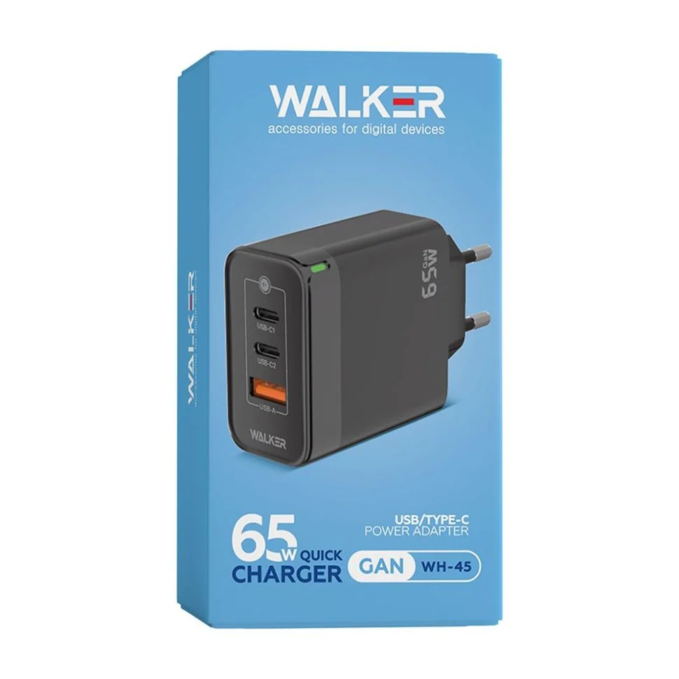 Сетевое зарядное устройство Walker WH-45 65W GAN (PD USB-C 65W, PD USB-C 30W, QC3.0 USB-A 18W) black